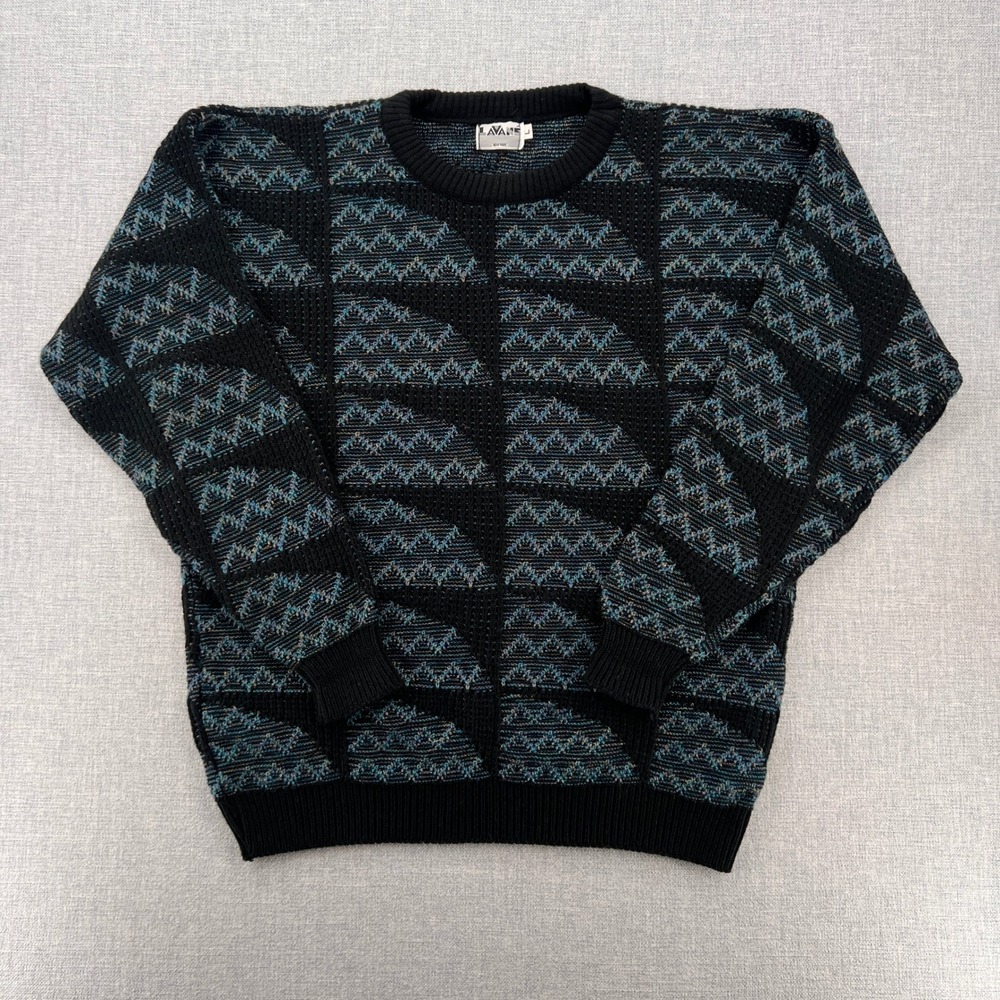 VTG 90s Lavane New York‎ Textured Knit Sweater Men L Black Abstract Cosby USA